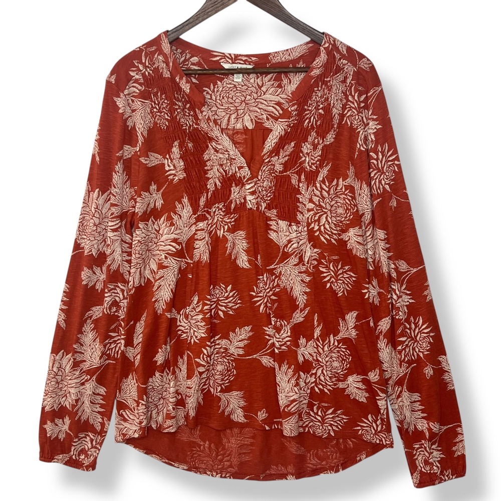 Lucky Brand Peasant Top L Rust Red Floral Smocked Boho Cotton Modal Cottagecre